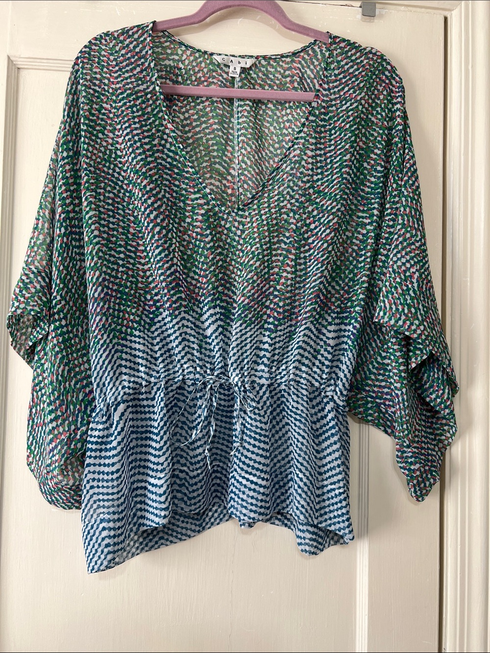 Cabi Green and Blue Patterned V-Neck Drawstring Blouse/Coverup